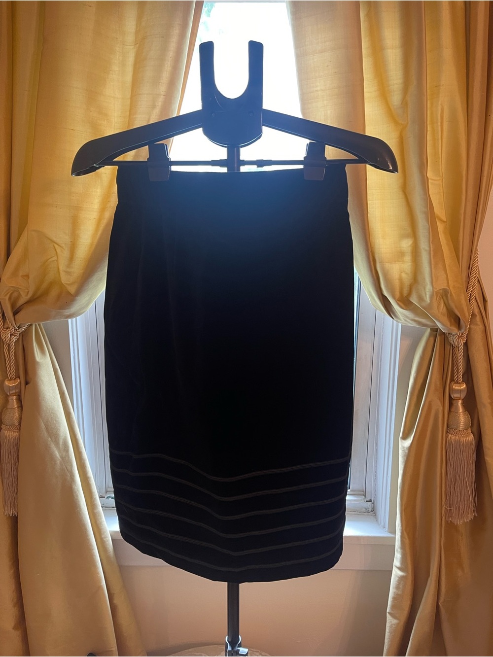 Escada Black Velvet Pencil Skirt with Subtle Hem Stripes